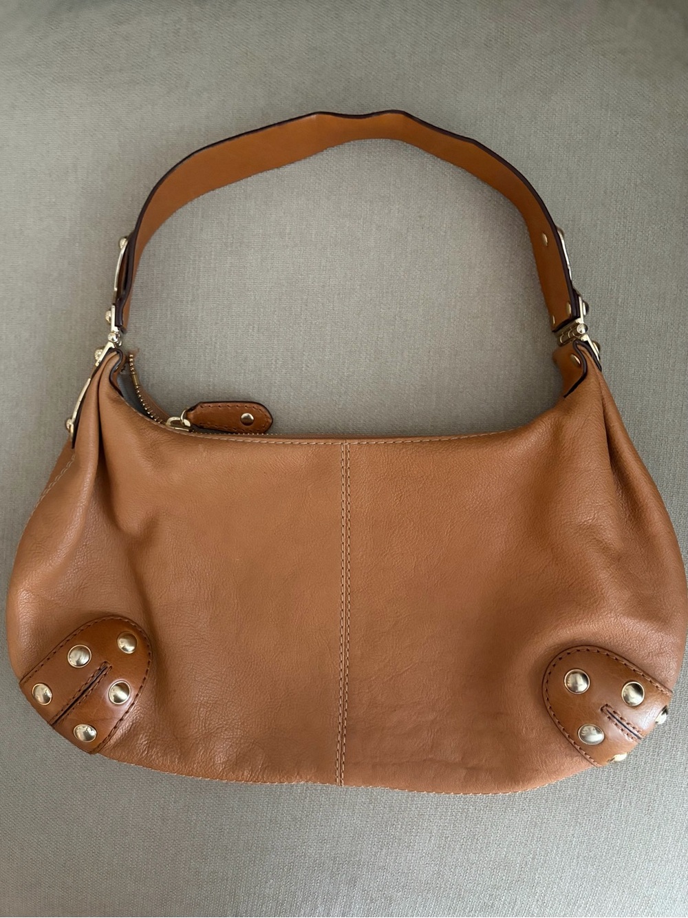Michael Michael Kors Camel Brown Pebbled Leather Studded Shoulder Hobo Bag